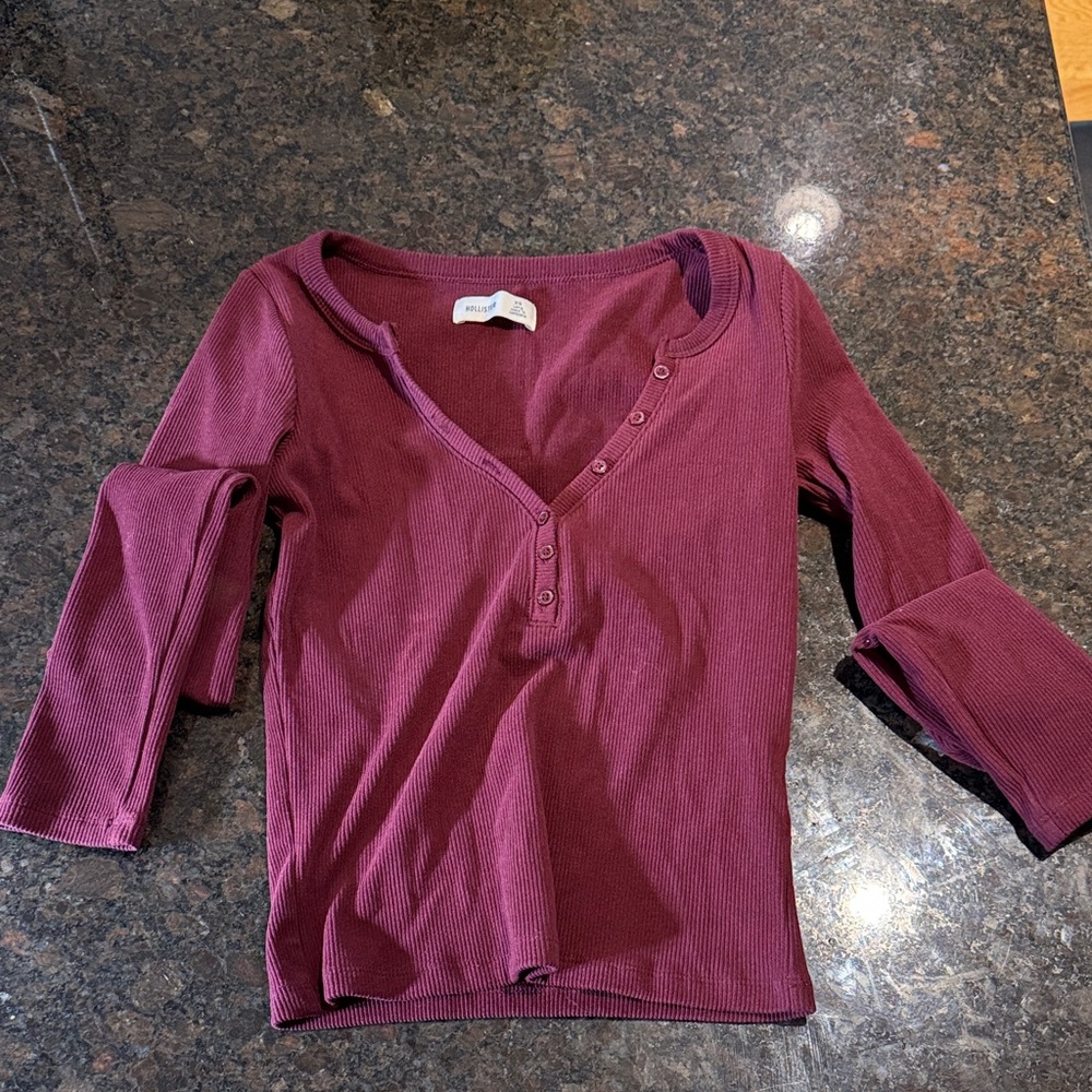 Girls' Hollister Ribbed Henley Long-Sleeve Top - Wine